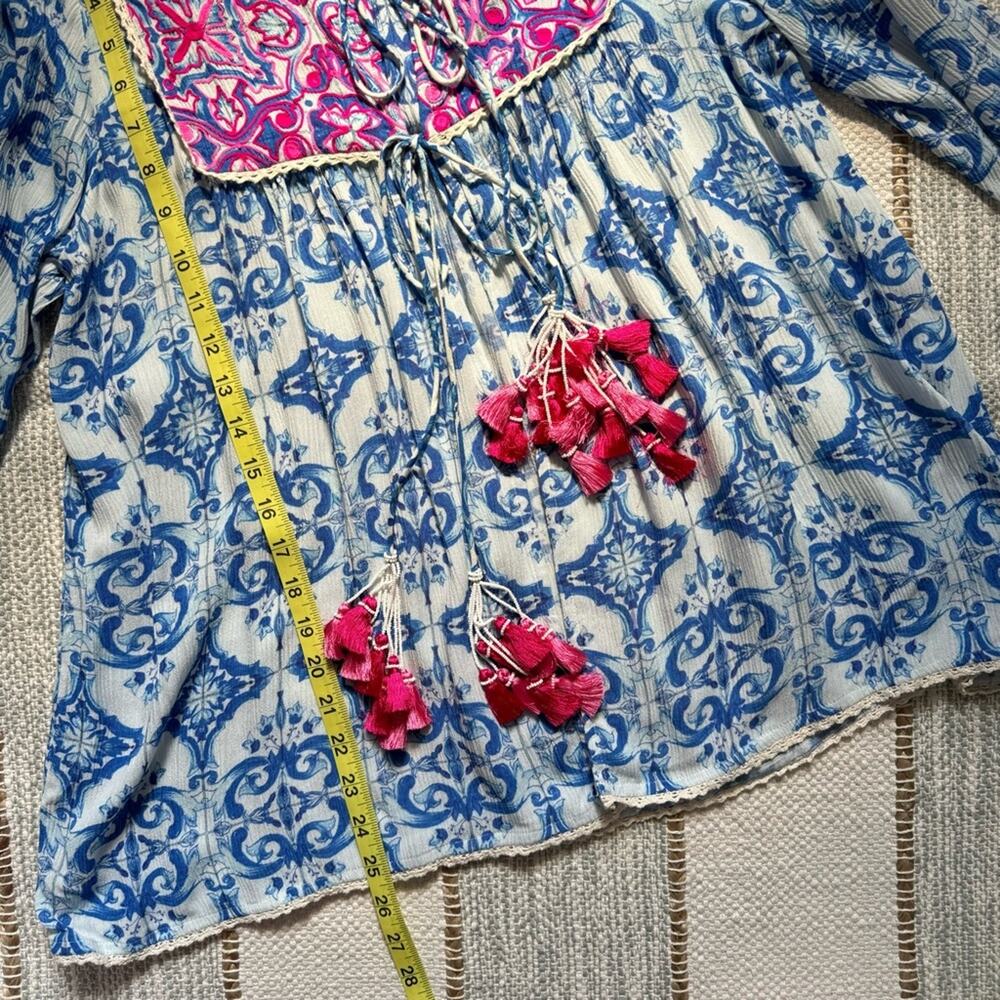 Hemant & Nandita Blue Pink Embroidered Beaded Tassel Tie Cape Top Women’s Small - Picture 6 of 11
